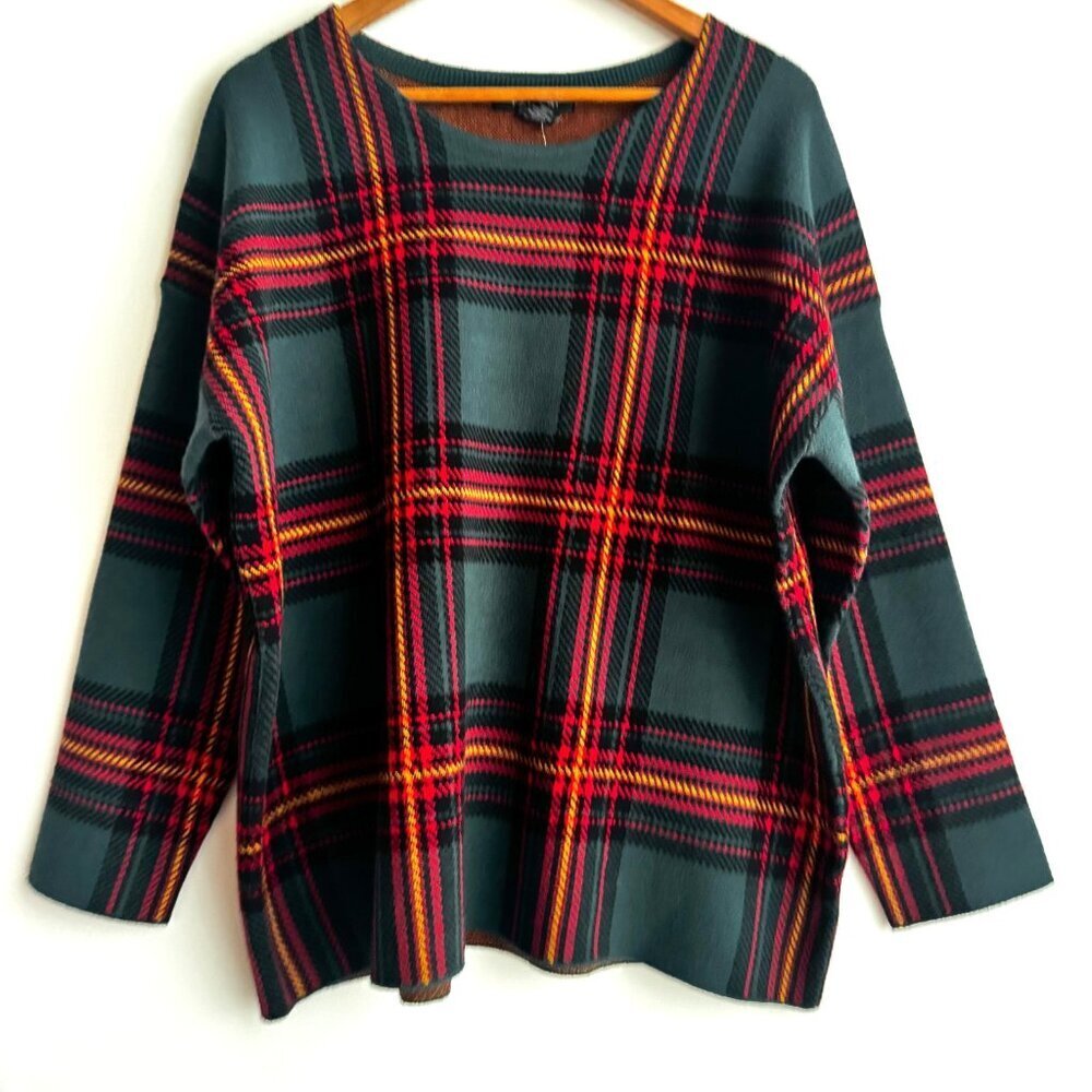 Tahari Plaid Green Multicolor Knit Top Sweater 2XL